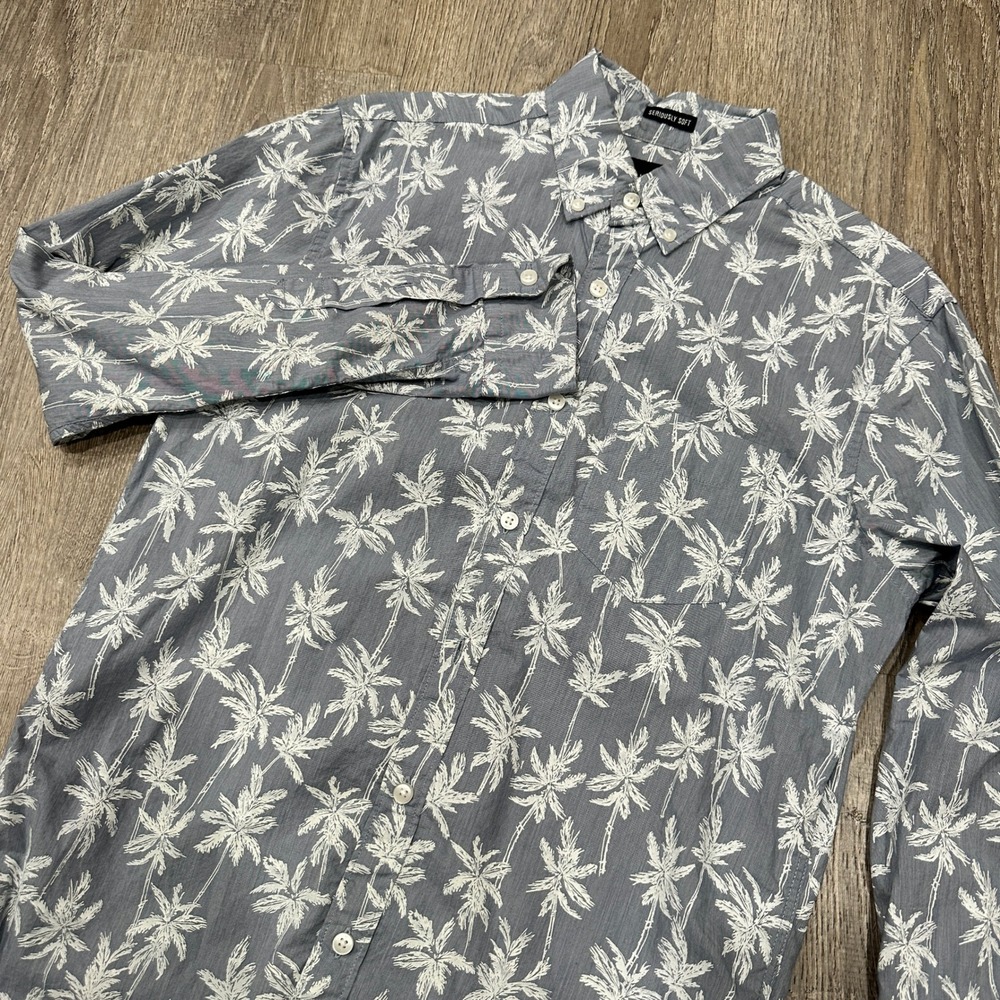 American Eagle Mens Small Seriously Soft Palm Tree Button Down Shirt Blue Gray